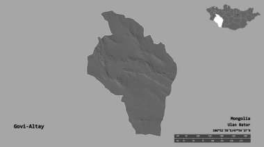 Moğolistan 'ın Govi-Altay eyaleti, başkenti sağlam bir zemin üzerinde izole edilmiştir. Uzaklık ölçeği, bölge önizlemesi ve etiketleri. Çift seviyeli yükseklik haritası. 3B görüntüleme