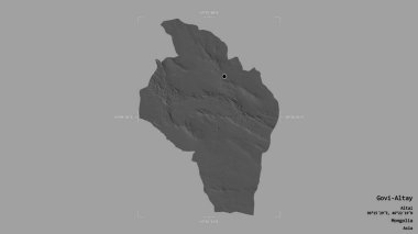 Govi-Altay bölgesi, Moğolistan ili, Gürcistan sınırında katı bir arka planda izole edilmiştir. Etiketler. Çift seviyeli yükseklik haritası. 3B görüntüleme