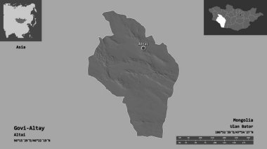 Govi-Altay Şekli, Moğolistan ili ve başkenti. Uzaklık ölçeği, ön gösterimler ve etiketler. Çift seviyeli yükseklik haritası. 3B görüntüleme