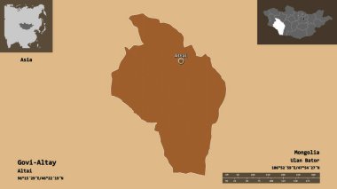 Govi-Altay Şekli, Moğolistan ili ve başkenti. Uzaklık ölçeği, ön gösterimler ve etiketler. Düzenli desenli dokuların bileşimi. 3B görüntüleme