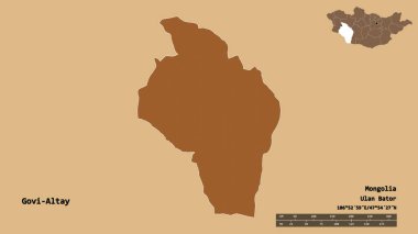 Moğolistan 'ın Govi-Altay eyaleti, başkenti sağlam bir zemin üzerinde izole edilmiştir. Uzaklık ölçeği, bölge önizlemesi ve etiketleri. Düzenli desenli dokuların bileşimi. 3B görüntüleme