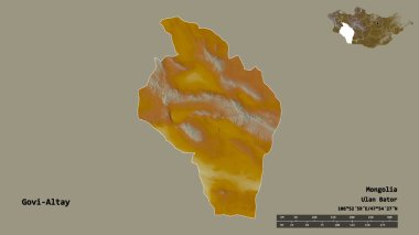 Moğolistan 'ın Govi-Altay eyaleti, başkenti sağlam bir zemin üzerinde izole edilmiştir. Uzaklık ölçeği, bölge önizlemesi ve etiketleri. Topografik yardım haritası. 3B görüntüleme
