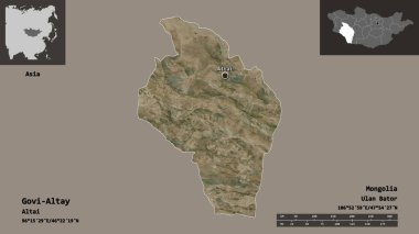 Govi-Altay Şekli, Moğolistan ili ve başkenti. Uzaklık ölçeği, ön gösterimler ve etiketler. Uydu görüntüleri. 3B görüntüleme