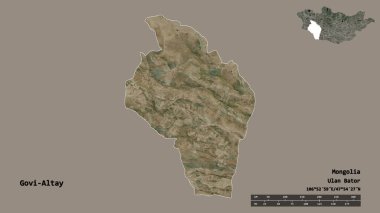 Moğolistan 'ın Govi-Altay eyaleti, başkenti sağlam bir zemin üzerinde izole edilmiştir. Uzaklık ölçeği, bölge önizlemesi ve etiketleri. Uydu görüntüleri. 3B görüntüleme