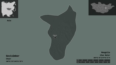 Govisumber Şekli, Moğolistan Belediyesi ve başkenti. Uzaklık ölçeği, ön gösterimler ve etiketler. Renkli yükseklik haritası. 3B görüntüleme