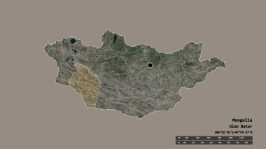 Başkenti, ana bölgesel bölünmesi ve bölünmüş Govi-Altay bölgesiyle Moğolistan 'ın deforme edilmiş şekli. Etiketler. Uydu görüntüleri. 3B görüntüleme