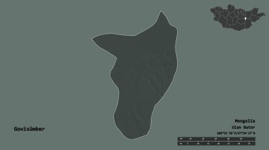 Moğolistan Belediyesi 'nin Govisumber şekli, başkenti sağlam bir zemin üzerinde izole edilmiştir. Uzaklık ölçeği, bölge önizlemesi ve etiketleri. Renkli yükseklik haritası. 3B görüntüleme