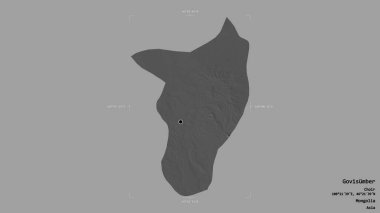 Govisumber bölgesi, Moğolistan belediyesi, jeoreferatlı bir sınır kutusunun sağlam bir arka planında izole edilmiş. Etiketler. Çift seviyeli yükseklik haritası. 3B görüntüleme