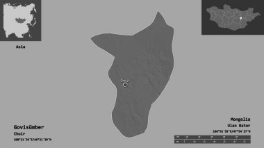 Govisumber Şekli, Moğolistan Belediyesi ve başkenti. Uzaklık ölçeği, ön gösterimler ve etiketler. Çift seviyeli yükseklik haritası. 3B görüntüleme