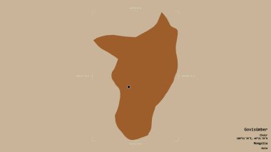 Govisumber bölgesi, Moğolistan belediyesi, jeoreferatlı bir sınır kutusunun sağlam bir arka planında izole edilmiş. Etiketler. Desenli dokuların bileşimi. 3B görüntüleme