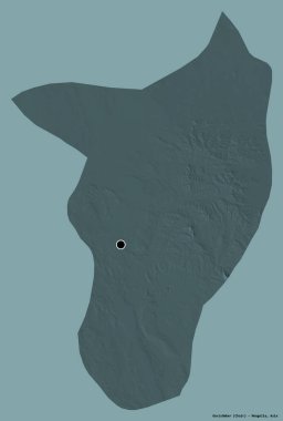 Moğolistan belediyesi Govisumber 'in şekli, başkenti katı bir renk arkaplanı ile izole edilmiştir. Renkli yükseklik haritası. 3B görüntüleme