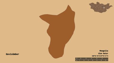 Moğolistan Belediyesi 'nin Govisumber şekli, başkenti sağlam bir zemin üzerinde izole edilmiştir. Uzaklık ölçeği, bölge önizlemesi ve etiketleri. Düzenli desenli dokuların bileşimi. 3B görüntüleme