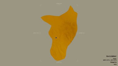 Govisumber bölgesi, Moğolistan belediyesi, jeoreferatlı bir sınır kutusunun sağlam bir arka planında izole edilmiş. Etiketler. Topografik yardım haritası. 3B görüntüleme