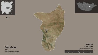 Govisumber Şekli, Moğolistan Belediyesi ve başkenti. Uzaklık ölçeği, ön gösterimler ve etiketler. Uydu görüntüleri. 3B görüntüleme