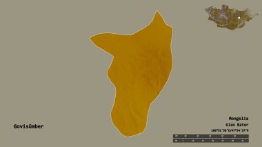 Moğolistan Belediyesi 'nin Govisumber şekli, başkenti sağlam bir zemin üzerinde izole edilmiştir. Uzaklık ölçeği, bölge önizlemesi ve etiketleri. Topografik yardım haritası. 3B görüntüleme