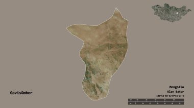 Moğolistan Belediyesi 'nin Govisumber şekli, başkenti sağlam bir zemin üzerinde izole edilmiştir. Uzaklık ölçeği, bölge önizlemesi ve etiketleri. Uydu görüntüleri. 3B görüntüleme