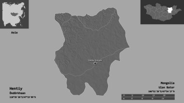 Hentiy 'nin şekli, Moğolistan ili ve başkenti. Uzaklık ölçeği, ön gösterimler ve etiketler. Çift seviyeli yükseklik haritası. 3B görüntüleme