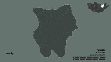 Moğolistan 'ın Hentiy şehrinin başkenti sağlam bir zemin üzerinde izole edilmiştir. Uzaklık ölçeği, bölge önizlemesi ve etiketleri. Renkli yükseklik haritası. 3B görüntüleme