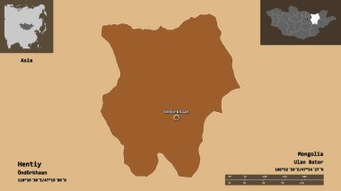 Hentiy 'nin şekli, Moğolistan ili ve başkenti. Uzaklık ölçeği, ön gösterimler ve etiketler. Düzenli desenli dokuların bileşimi. 3B görüntüleme
