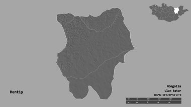Moğolistan 'ın Hentiy şehrinin başkenti sağlam bir zemin üzerinde izole edilmiştir. Uzaklık ölçeği, bölge önizlemesi ve etiketleri. Çift seviyeli yükseklik haritası. 3B görüntüleme