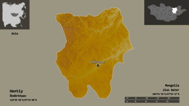 Hentiy 'nin şekli, Moğolistan ili ve başkenti. Uzaklık ölçeği, ön gösterimler ve etiketler. Topografik yardım haritası. 3B görüntüleme