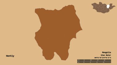 Moğolistan 'ın Hentiy şehrinin başkenti sağlam bir zemin üzerinde izole edilmiştir. Uzaklık ölçeği, bölge önizlemesi ve etiketleri. Düzenli desenli dokuların bileşimi. 3B görüntüleme