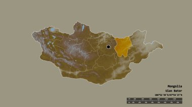 Başkenti, ana bölgesel bölünmesi ve bölünmüş Hentiy bölgesiyle birlikte Moğolistan 'ın deforme edilmiş şekli. Etiketler. Topografik yardım haritası. 3B görüntüleme