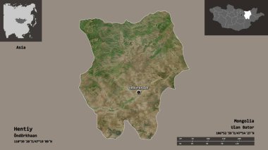 Hentiy 'nin şekli, Moğolistan ili ve başkenti. Uzaklık ölçeği, ön gösterimler ve etiketler. Uydu görüntüleri. 3B görüntüleme