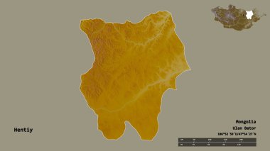 Moğolistan 'ın Hentiy şehrinin başkenti sağlam bir zemin üzerinde izole edilmiştir. Uzaklık ölçeği, bölge önizlemesi ve etiketleri. Topografik yardım haritası. 3B görüntüleme