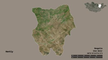 Moğolistan 'ın Hentiy şehrinin başkenti sağlam bir zemin üzerinde izole edilmiştir. Uzaklık ölçeği, bölge önizlemesi ve etiketleri. Uydu görüntüleri. 3B görüntüleme