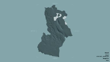 Hovd bölgesi, Moğolistan bölgesi, katı bir arka planda izole edilmiş bir sınır kutusunda. Etiketler. Renkli yükseklik haritası. 3B görüntüleme