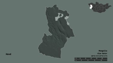 Moğolistan 'ın Hovd şehrinin başkenti sağlam bir zemin üzerinde izole edilmiştir. Uzaklık ölçeği, bölge önizlemesi ve etiketleri. Renkli yükseklik haritası. 3B görüntüleme