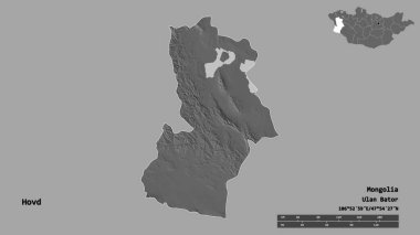 Moğolistan 'ın Hovd şehrinin başkenti sağlam bir zemin üzerinde izole edilmiştir. Uzaklık ölçeği, bölge önizlemesi ve etiketleri. Çift seviyeli yükseklik haritası. 3B görüntüleme