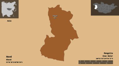Hovd 'un şekli, Moğolistan ili ve başkenti. Uzaklık ölçeği, ön gösterimler ve etiketler. Düzenli desenli dokuların bileşimi. 3B görüntüleme