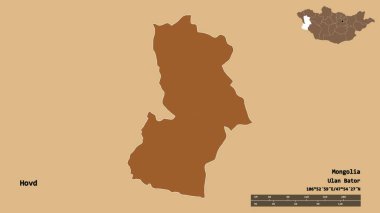 Moğolistan 'ın Hovd şehrinin başkenti sağlam bir zemin üzerinde izole edilmiştir. Uzaklık ölçeği, bölge önizlemesi ve etiketleri. Düzenli desenli dokuların bileşimi. 3B görüntüleme