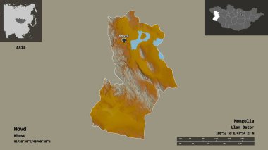 Hovd 'un şekli, Moğolistan ili ve başkenti. Uzaklık ölçeği, ön gösterimler ve etiketler. Topografik yardım haritası. 3B görüntüleme