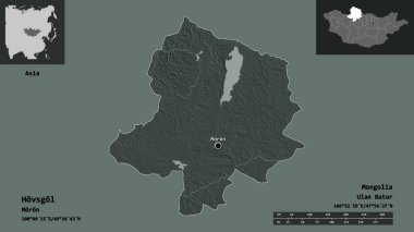 Hovsgol 'un şekli, Moğolistan ili ve başkenti. Uzaklık ölçeği, ön gösterimler ve etiketler. Renkli yükseklik haritası. 3B görüntüleme
