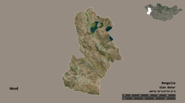 Moğolistan 'ın Hovd şehrinin başkenti sağlam bir zemin üzerinde izole edilmiştir. Uzaklık ölçeği, bölge önizlemesi ve etiketleri. Uydu görüntüleri. 3B görüntüleme