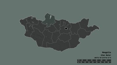Başkenti, ana bölgesel bölümü ve ayrılmış Hovsgol bölgesiyle Moğolistan 'ın dejenere bir şekli. Etiketler. Renkli yükseklik haritası. 3B görüntüleme