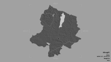 Moğolistan 'ın Hovsgol bölgesi, katı bir arka planda bir sınır kutusunda izole edilmiş. Etiketler. Çift seviyeli yükseklik haritası. 3B görüntüleme