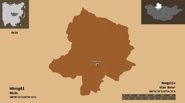 Hovsgol 'un şekli, Moğolistan ili ve başkenti. Uzaklık ölçeği, ön gösterimler ve etiketler. Düzenli desenli dokuların bileşimi. 3B görüntüleme