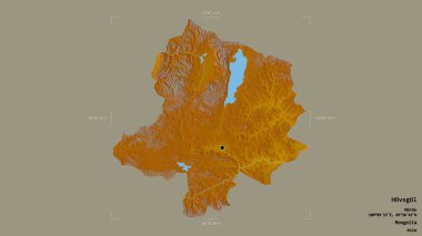 Moğolistan 'ın Hovsgol bölgesi, katı bir arka planda bir sınır kutusunda izole edilmiş. Etiketler. Topografik yardım haritası. 3B görüntüleme