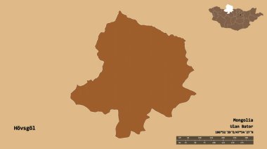 Moğolistan 'ın Hovsgol şehrinin başkenti sağlam bir zemin üzerinde izole edilmiştir. Uzaklık ölçeği, bölge önizlemesi ve etiketleri. Düzenli desenli dokuların bileşimi. 3B görüntüleme