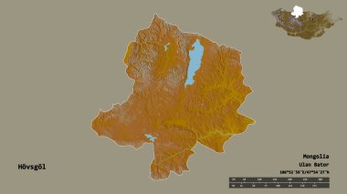 Moğolistan 'ın Hovsgol şehrinin başkenti sağlam bir zemin üzerinde izole edilmiştir. Uzaklık ölçeği, bölge önizlemesi ve etiketleri. Topografik yardım haritası. 3B görüntüleme