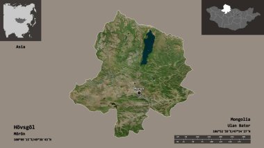 Hovsgol 'un şekli, Moğolistan ili ve başkenti. Uzaklık ölçeği, ön gösterimler ve etiketler. Uydu görüntüleri. 3B görüntüleme
