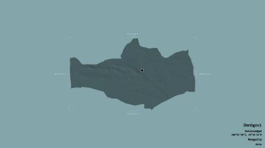 Moğolistan 'ın Omnogovi bölgesi, bir sınır kutusunda sağlam bir zemin üzerinde izole edilmiştir. Etiketler. Renkli yükseklik haritası. 3B görüntüleme
