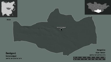 Omnogovi 'nin şekli, Moğolistan ili ve başkenti. Uzaklık ölçeği, ön gösterimler ve etiketler. Renkli yükseklik haritası. 3B görüntüleme