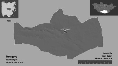 Omnogovi 'nin şekli, Moğolistan ili ve başkenti. Uzaklık ölçeği, ön gösterimler ve etiketler. Çift seviyeli yükseklik haritası. 3B görüntüleme