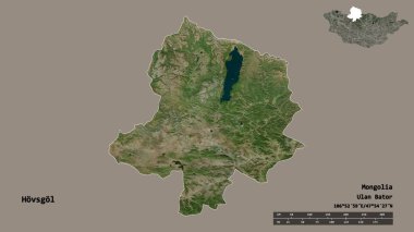 Moğolistan 'ın Hovsgol şehrinin başkenti sağlam bir zemin üzerinde izole edilmiştir. Uzaklık ölçeği, bölge önizlemesi ve etiketleri. Uydu görüntüleri. 3B görüntüleme
