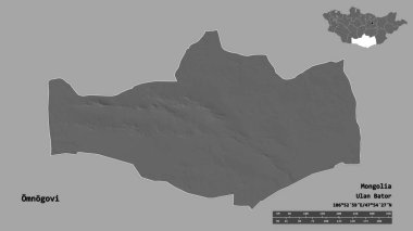 Omnogovi, Moğolistan eyaleti, başkenti sağlam bir zemin üzerinde izole edilmiştir. Uzaklık ölçeği, bölge önizlemesi ve etiketleri. Çift seviyeli yükseklik haritası. 3B görüntüleme